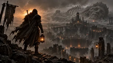 Une silhouette encapuchonnée dominant une cité-fosse noyée dans la brume de cendre, figure d'antagoniste des Marches Grises