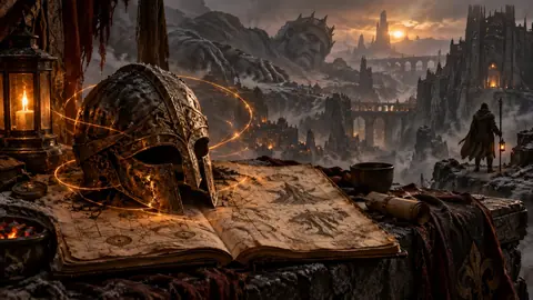 Un cartographe penché sur son bureau dans une cité-fosse, un casque posé près de la carte, la brume montant à la fenêtre sous une lumière de cendre.
