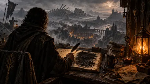 Un cartographe descend dans une cité-fosse voilée de brume, lanterne à la main, au seuil du premier chapitre des Marches Grises.