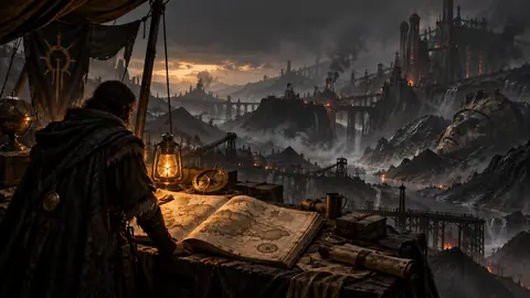 Atlas ouvert sur une carte commentée des Marches Grises, compas de géomètre et lanterne