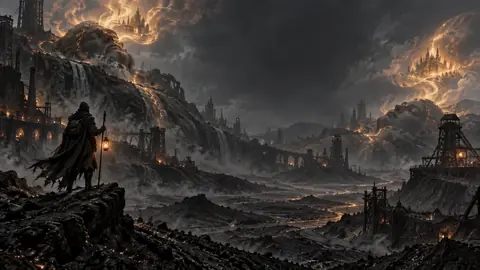 Titans endormis sous la plaine de cendre, rêves lumineux qui déforment le paysage des Marches Grises