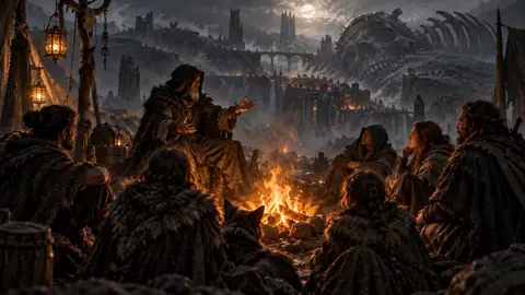 Un conteur encapuchonné racontant au coin d'un feu de braises, silhouettes attentives autour, dans une cité-fosse des Marches Grises noyée de brume