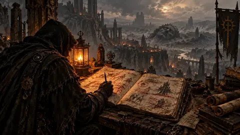 Un cartographe des Marches Grises reprend son manuscrit à la plume, feuillets raturés étalés sous une lampe basse dans une lumière de cendre.