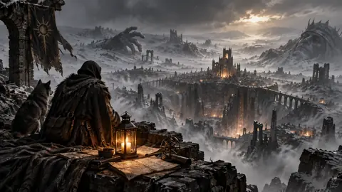 Page vierge et plume posée sur une table de cartographe des Marches Grises, sous une brume de cendre et une lueur de braise.