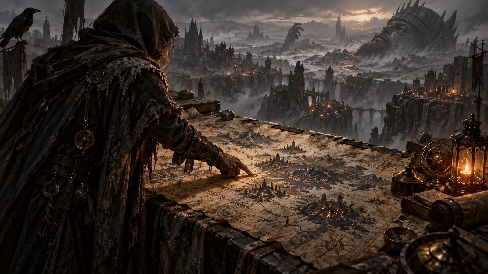 Personnage descendant un escalier de mine dans la brume, le décor se révélant marche après marche autour de lui