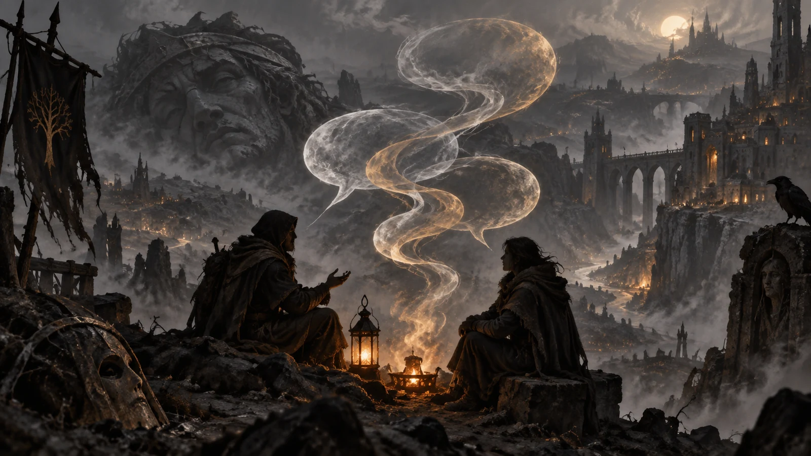 Deux personnages se font face dans une taverne enfumée des Marches Grises, la brume filtrant par une fenêtre étroite