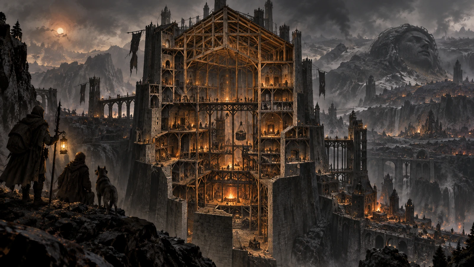 Table de travail d'un auteur avec carte manuscrite d'un monde imaginaire, poutres d'un plan d'architecte et lampe à huile.